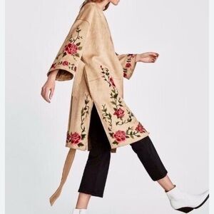 Zara Basic Tan Coat with Red Floral Embroidery